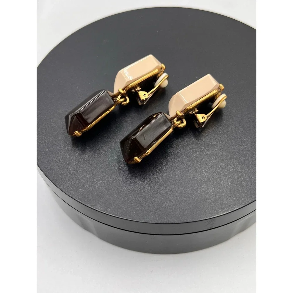 Oscar de la Renta Designer Tan Black Resin Drop Dangle Clip‎ on Earrings